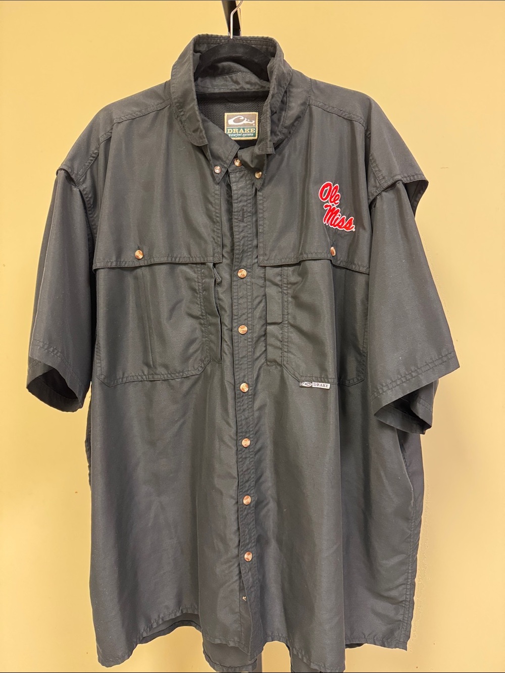 Drake Black Short-Sleeve Button-Up Shirt with Red Ole Miss Embroidery